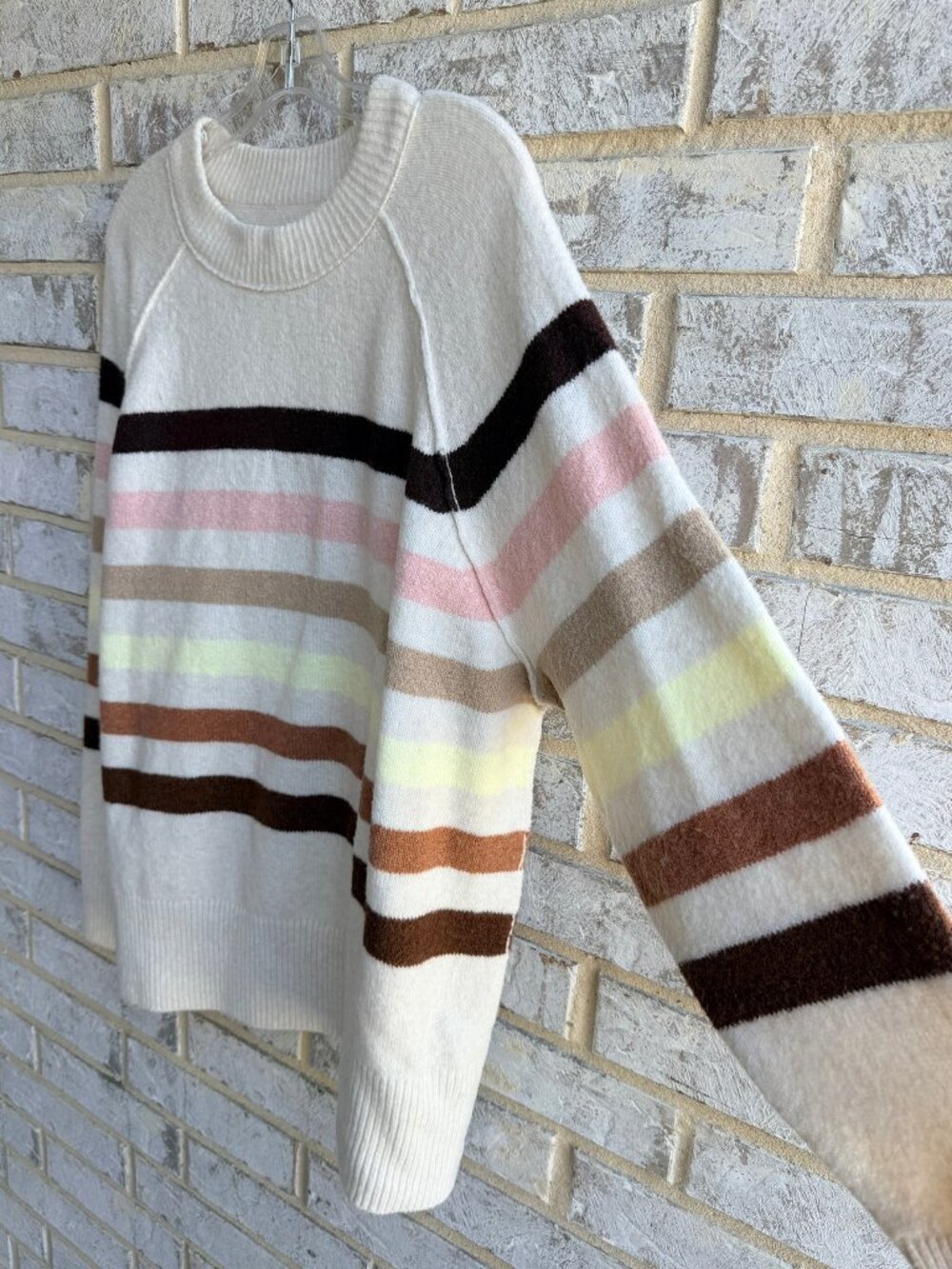 AERIE Long Sleeve Crew Neck Multicolor Striped Oversized Sweater Women's Size S. - Picture 6 of 7